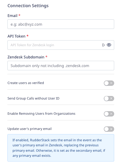 Zendesk connection settings