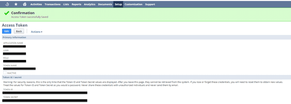 Access token settings in Netsuite