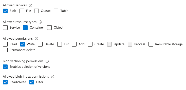 Setting SAS token permissions