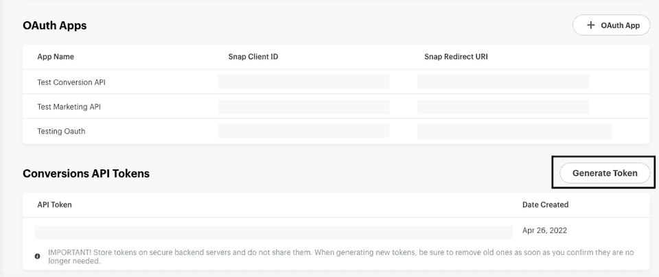 Snap Conversions API token